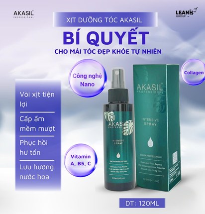 Xịt dưỡng tóc Akasil, cấp ẩm, giữ nếp, phục hồi siêu mềm mượt lọ 120ml